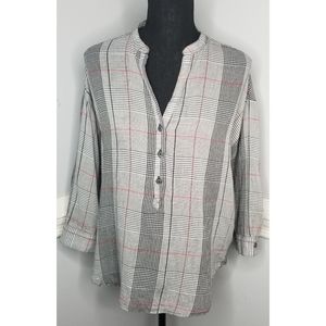 Lucky brand plaid 3/4 sleeve v neck top SZ S